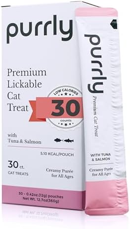 Purrly Squeezable Cat Treats Wet Healthy Interactive Hydrating Human-Grade Tuna & Salmon with Omega-3 & 6 for Skin & Coat (30 Count) Lickable Healthy Creamy Puree