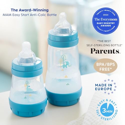 MAM 9oz Easy Start Anti-Colic Baby Bottles, Medium Flow with Bonus Fast Flow Nipple, Breastfeeding-Like Silicone, Reduces Colic and Gas, Easy-to-Clean, BPA-Free, 2 Plus Months