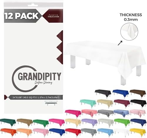 Grandipity 12 Pack Premium Disposable Plastic Tablecloth 54 Inch. x 108 Inch. with 0.3mm Thickness Table Cover - White