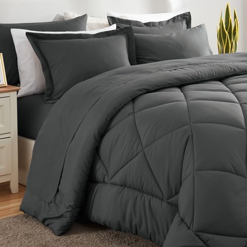 CozyLux Queen Comforter Set Dark Grey - Bed in a Bag Queen Size 7 Pieces, Luxury Soft Bed Set for All Seasons, Bedding Set with Down Alternative Comforter, Sheets, Pillowcases & Shams