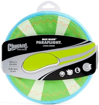 Chuckit! Max Glow Paraflight Flying Disc Dog Toy - Water Floating Flyer - Durable Nylon Construction with Soft Rubber Edges - For Medium and Large Dogs - Size Large - 9.75" L x 9.75" W - Pack of 1
