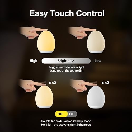 JolyWell Night Light for Kids, Baby Egg Light with 7 Colors Changing Mode & Stepless Dimming, Nursery Night Lamp BPA Free,Rechargeable Egg Night Light for Breastfeeding 1h Timer & Touch Control, Wood