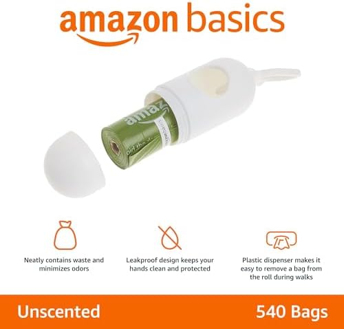 Amazon Basics Dog Poop Bags with Dispenser, 540 Count, Enhanced for Guaranteed Leakproof, Unscented, Includes Leash Clip