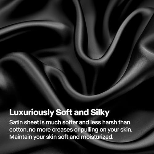 BEDELITE Satin Sheets Queen Size Bed Set, Luxury Soft Black Silky Sheets for Hair and Skin, Similar to Silk Bed Sheets Set 4 Pieces with 1 Deep Pocket Fitted Sheet, 1 Flat Sheet, and 2 Pillowcases