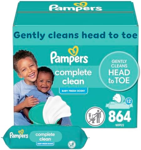 Pampers Baby Wipes, Complete Clean Baby Fresh Scented Wipe, Gently Cleans Head to Toe, 864 Total (12 Flip-Top Packs)