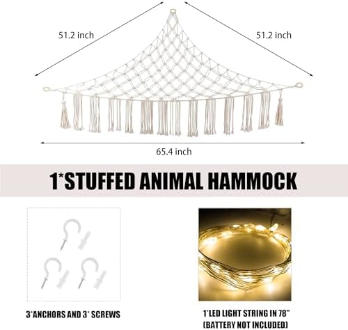 Stuffed Animal Hammock with LED Light, Jumbo Toy Hammock for Stuffed Animals Storage for Kids Room Decor, Stuffed Animal Hammock Corner, White