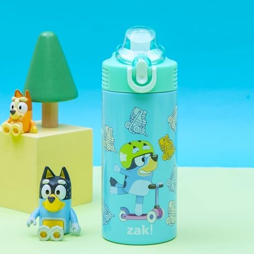 Zak Designs Bluey Sage Kids Water Bottle For School or Travel, 14oz Stainless Steel Water Bottle With Straw, Handle, and Leak-Proof, Pop-Up Spout Cover (Bluey & Bingo)