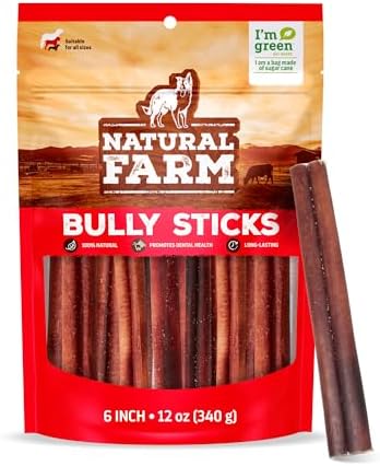 Natural Farm Bully Sticks, Odor-Free, (6 Inch, 12 Ounces), Packaged by Weight, 100% Beef Pizzle Chews, Grass-Fed, Fully Digestible Treats to Keep Your Puppies, Small and Medium Dogs Busy