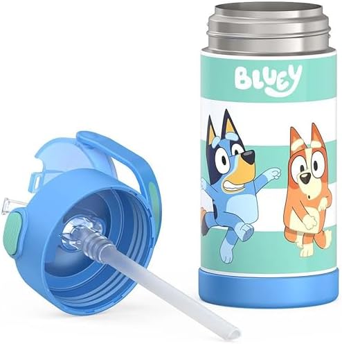 THERMOS FUNTAINER Water Bottle with Straw - 12 Ounce - Kids Stainless Steel Vacuum Insulated Water Bottle with Lid, Bluey