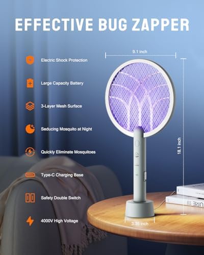 Electric Fly Swatter Racket, Mosiller 2 in 1 Smart Bug Zapper & Power Take Off Generators with USB Rechargeable Base, Powerful Mosquitoes Trap Lamp & Fly Killer for Home, Bedroom (Light GreyοΌ1 PackοΌ)