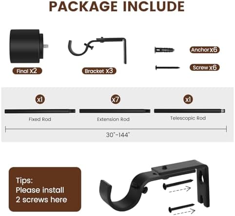 1” Diameter Curtain Rods Itself is 30 to144 inch 1 Pack Fit 30-142 inch, 66 to 120 inch Window with Heavy Duty Adjustable Rod Matte Black Curtain Splicing Metal Extra Long Curtain Rod for Windows