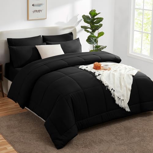 CozyLux Queen Comforter Set Black 7 Pieces Bed in a Bag Black Premium Comforters Queen Size Bed Set Bedding Sets Queen with All Season Stitch Quilted Comforter, Flat Sheet, Fitted Sheet, Pillowcases
