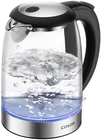Cosori Electric Kettle, No Plastic Filter & Spout, 1.7L Tea Kettle & Hot Water Boiler For Coffee & Tea, Water Heater & Teapot, Automatic Shut Off, Borosilicate glass, Black, 1500W