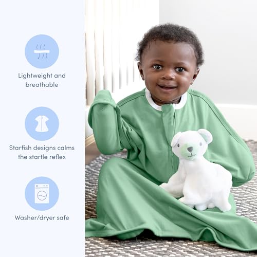 SleepingBaby Zipadee-Zip Transition Swaddle - Cozy Baby Swaddle Blanket with Zipper Convenience - Roomy Wearable Blanket for Easy Diaper Changes - Basil, Small (4-8 Month)