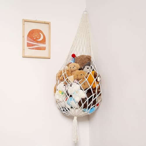 Stuffed Animal Storage Organizers Corner Hanging Net Stuffy Animal Hammock Macrame Toy Display Plush Toy Holder Wall, Kid Bedroom Decor Boho Nursery Playroom Organizer (Cream)