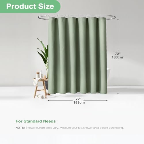 Dynamene Sage Green Shower Curtain - Waffle Textured Heavy Duty Thick Fabric Shower Curtains for Bathroom, 256GSM Luxury Weighted Polyester Cloth Bath Curtain Set with 12 Plastic Hooks,72Wx72H,Green