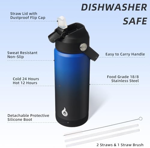 BJPKPK Insulated Water Bottle with Straw Lid, 18oz Thermos Water Bottles, Flex Handle & Non-slip Boot, BPA Free Leak Proof Stainless Steel Metal Thermos, Tumblers, Cups,Black Blue
