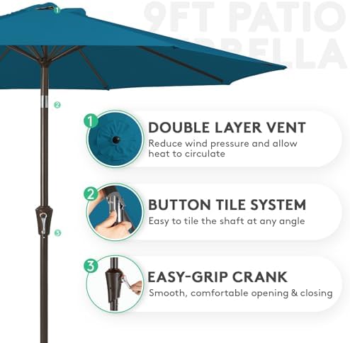 JEAREY 9FT Outdoor Patio Umbrella Outdoor Table Umbrella with Push Button Tilt and Crank, Market Umbrella 8 Sturdy Ribs UV Protection Waterproof for Garden, Deck, Backyard, Pool (Lake Blue)