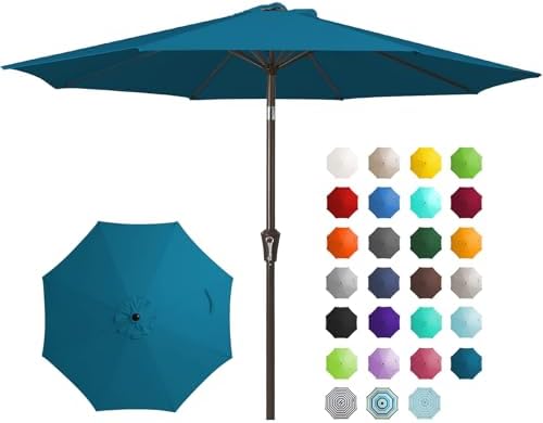 JEAREY 9FT Outdoor Patio Umbrella Outdoor Table Umbrella with Push Button Tilt and Crank, Market Umbrella 8 Sturdy Ribs UV Protection Waterproof for Garden, Deck, Backyard, Pool (Lake Blue)
