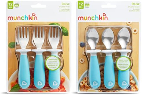 Munchkin® Raise™ Toddler Fork and Spoon Utensil Set, Rest Keeps Tip Off Table, BPA Free, 6 Pack, Blue
