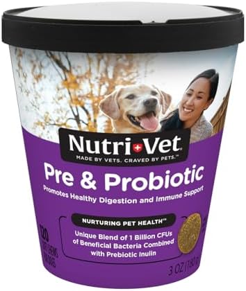 Nutri-Vet Pre & Probiotics for Dogs, Digestive Support, Upset Stomach, Puppy Probiotic, Pet Vitamins and Supplements, Dog Probiotics, Liver & Cheese Flavor, 120 Soft Chews