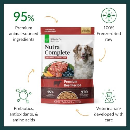 ULTIMATE PET NUTRITION Nutra Complete, 100% Freeze Dried Raw Veterinarian Formulated Dog Food with Antioxidants Prebiotics and Amino Acids (1 Pound, Beef)