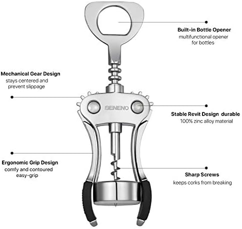 Beneno Wine Opener, Zinc Alloy Premium Wing Corkscrew with Multifunctional Bottles Opener, Sharp Wine Corkscrew with Ergonomic Non-Slip Wing Handle, Upgrade