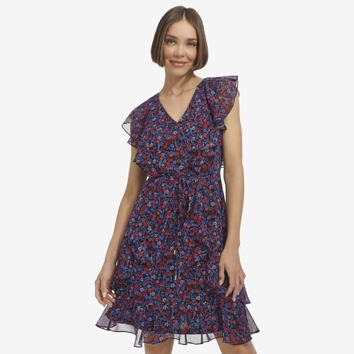 Tommy Hilfiger Women's Dress Fit and Flare,Sky Captain/Guava,16