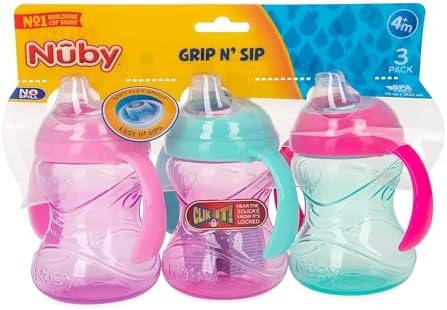 Nuby Clik-It Grip N' Sip Soft Spout No-Spill Training Sippy Cup with Handles - (3-Pack) 10 oz - 4+ Months - Aqua/Purple/Pink