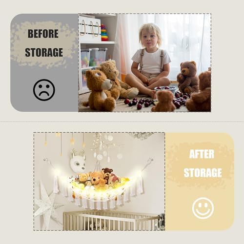 Stuffed Animal Hammock with LED Light, Jumbo Toy Hammock for Stuffed Animals Storage for Kids Room Decor, Stuffed Animal Hammock Corner, White