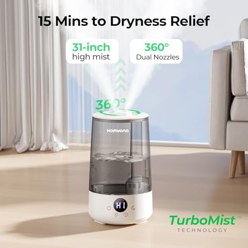 Homvana Humidifiers for Bedroom Home, 3.6 L Cool Mist Top-Fill 34H Super Long Time, Quiet 23dB, Baby Humidifier, Oil Diffuser for Large Room, Plants, Nursery, Office BPA FREE, 7 Color Light Ultrasonic