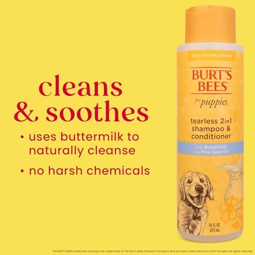 Burt's Bees for Pets Tearless Puppy 2-in-1 Shampoo and Conditioner with Buttermilk and Linseed Oil, 2pk, 95% Natural Origin Formulas, Best Gentle Shampoo for Puppies - Tear Free, 16 oz - 2 Pack