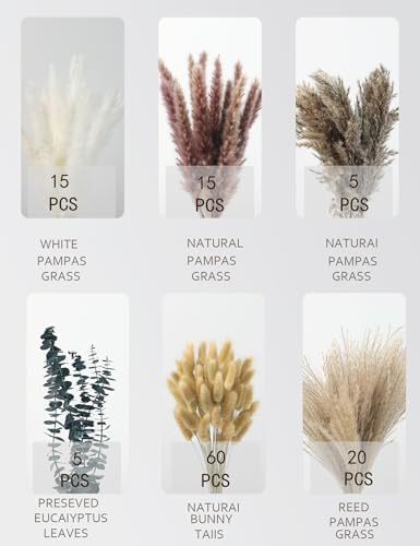 120 PCS Dried Pampas Grass Decoration, Pampas Grass with Preserved Eucalyptus Leaves Dried Flowers, Reed Grass Bouquet for Bohemian Flowers Home Table Wedding Decoration, Rustic Farmhour.(light brown)