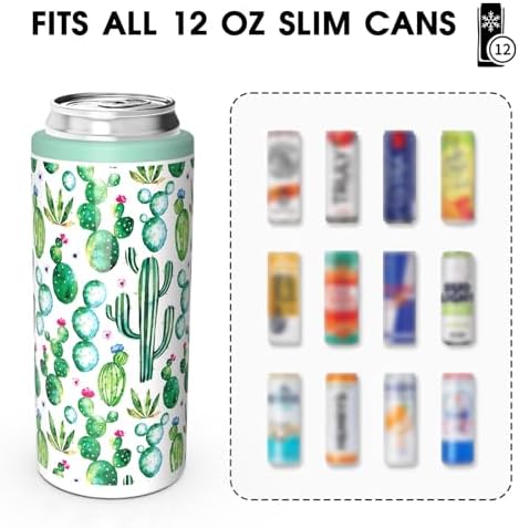 TILUCK Skinny Can Cooler for Slim Beer & Hard Seltzer, Stainless Steel, Doucle-Walled Stainless Steel Insulated Slim Cans, Standard 12 oz (Cactus)