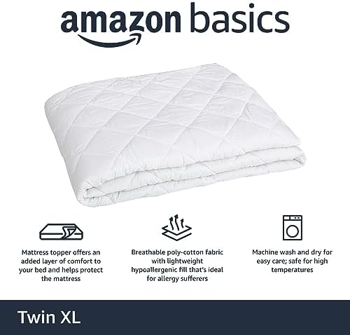 Amazon Basics Hypoallergenic Quilted Mattress Topper Pad, 18 Inches Deep, Twin XL, White