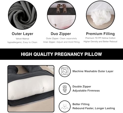 Pregnancy Pillow, Full Body 57 Inch Maternity Pillow with Removable Washable Cover - Sleep Support for Legs, Back, Neck, Shoulder, HIPS, Belly for Pregnent Women, Black Grey Velvet Cover