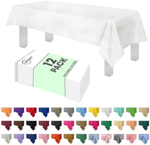 Grandipity 12 Pack Premium Disposable Plastic Tablecloth 54 Inch. x 108 Inch. with 0.3mm Thickness Table Cover - White