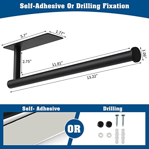 theaoo Paper Towel Holder - Under Cabinet Paper Towel Holder for Kitchen, Adhesive Paper Towel Roll Rack for Bathroom Towel, Wall Mounted Matte Black Paper Towel Rack, SUS304 Stainless Steel