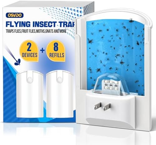 2 Flying Insect Traps & 8 Cartridges - Plug in Fruit Fly Trap for Indoor - Bug Catcher for Gnats, House & Fruit Flies - Mess-Free with Blue & UV Light (2 x Devices & 8 x Refills)