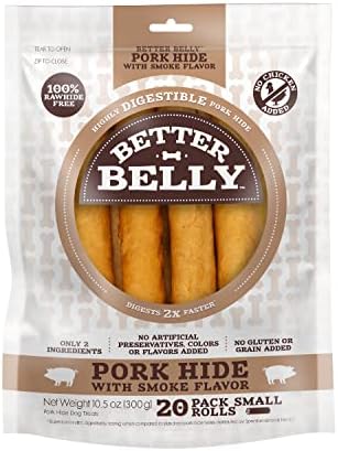 Better Belly Pork Hide Rolls with Smoke Flavor Small, 20 Count, Digestible Pork Hide for Dogs (P-94453)