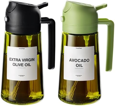 TrendPlain - Original 16oz/470ml Olive Oil Dispenser Bottle for Kitchen Gadgets and Air Fryer Accessories - Olive Oil Sprayer for Cooking w/Stickers - Black&Green