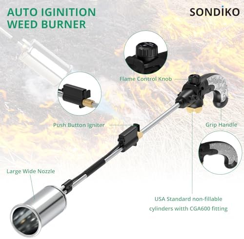 Sondiko Propane Torch Weed Burner, High Output 1,200,000 BTU Weed Torch Flamethrower, 30" Detachable Long Arm Heavy Duty Blow Torch with Flame Control For Garden, Wood, Ice, Snow, Stumps, Melting