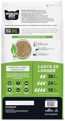 WORLD'S BEST CAT LITTER Comfort Care Unscented 15-Pounds - Natural Ingredients, Quick Clumping, Flushable, 99% Dust Free & Made in USA - Long-Lasting Odor Control & Easy Scooping