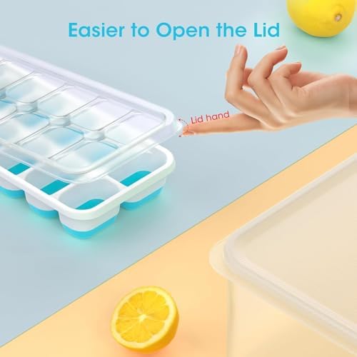 DOQAUS Ice Cube Tray with Lid and Bin, 4 Pack Silicone Plastic Ice Cubes Trays for Freezer with Box/Container, Stackable with Storage Iced Bucket Kits, Scoop, for RV, Soup, Food, Cocktail, Coffee