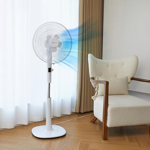 Amazon Basics 16" DC Motor Fan, 12 Speed Fan with Remote, Floor Fan, Standing Fan with 3 Breeze Modes, Dual-Layered Blades (10 Blades), Timer, Energy Efficiency and Quiet DC Motor (28W), White