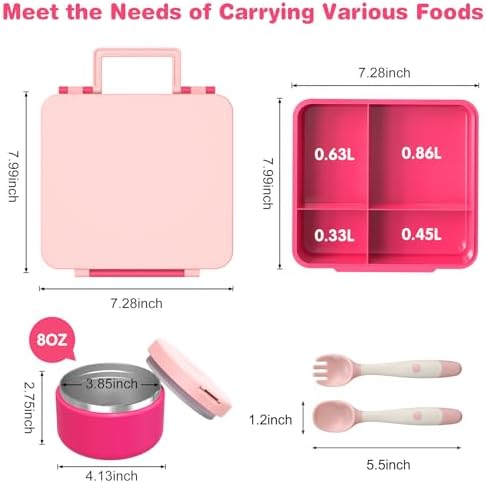 Bento Lunch Box with 8oz Soup Thermo, Kids Leakproof Lunch Food Containers with 4 Compartment, Kids Thermo Insulated Hot Food Jar for School, Trvael - (Pink)