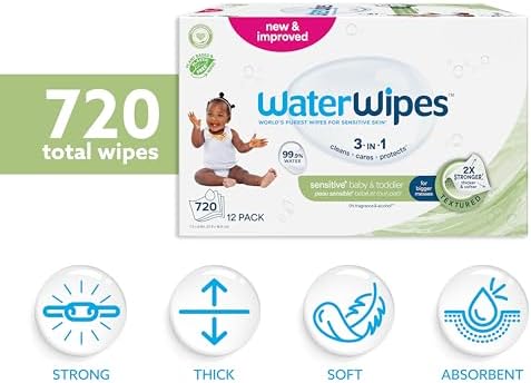 WaterWipes Textured Clean, Toddler & Baby Wipes, 99.9% Water, 3-In-1 Cleans, Cares, Protects, Unscented & Hypoallergenic, 720 Count (12 Packs), Packaging May Vary
