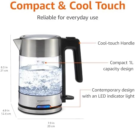 Amazon Basics Electric Kettle with Glass Carafe for Tea and Coffee, BPA-Free, Fast Boiling, Auto Shut-Off, 1 liter , 1500W, Glass and Steel