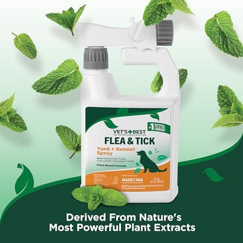 Vet's Best Natural Flea and Tick Yard and Dog Kennel Spray, Plant Safe Tick Spray for Yard with Ready-to-Use Hose Attachment, Mosquito Repellent with Natural Oils, Flea Prevention for Dogs, 32 Ounce