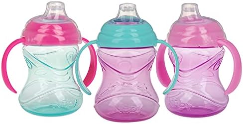 Nuby Clik-It Grip N' Sip Soft Spout No-Spill Training Sippy Cup with Handles - (3-Pack) 10 oz - 4+ Months - Aqua/Purple/Pink